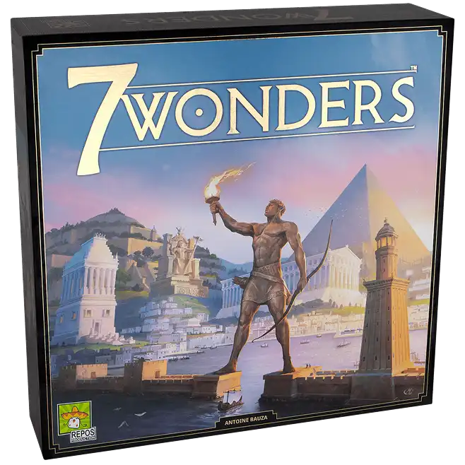 A 7 Wonders társasjáték doboza az ősi civilizációk stratégiai játékmenetét és díjnyertes kártyarajzolási mechanikáját mutatja be.