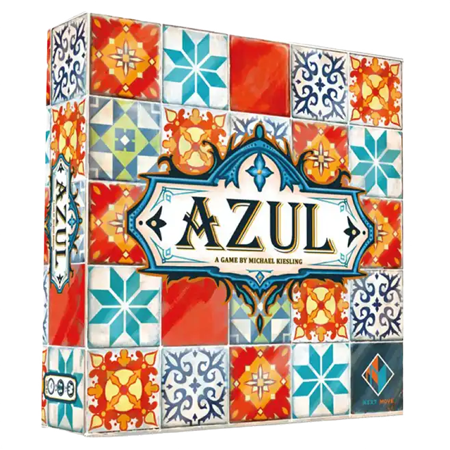 Azul absztrakt stratégiai társasjáték doboz, amelyet színes portugál csempe minták és taktikai játékmenet ihletett.