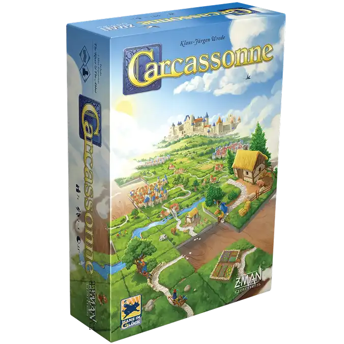 Carcassonne csempelhelyezéses társasjáték-doboz középkori tájképekkel és klasszikus stratégiai játékmenettel.
