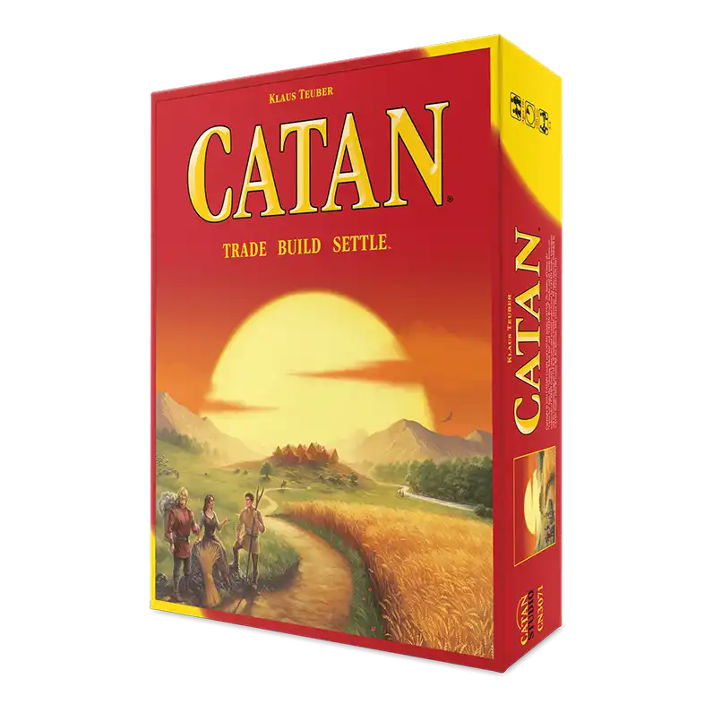 Catan stratégiai társasjáték doboz ikonikus naplemente grafikával és klasszikus nyersanyag-kereskedési játékmenettel.