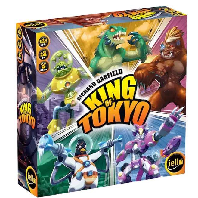 King of Tokyo kockajáték-doboz színes szörnycsatákkal és gyors tempójú családi stratégiai játékmenettel.