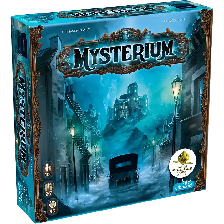 Mysterium kooperatív rejtélyes társasjáték-doboz hangulatos szellem témájú nyomozós játékmenettel.