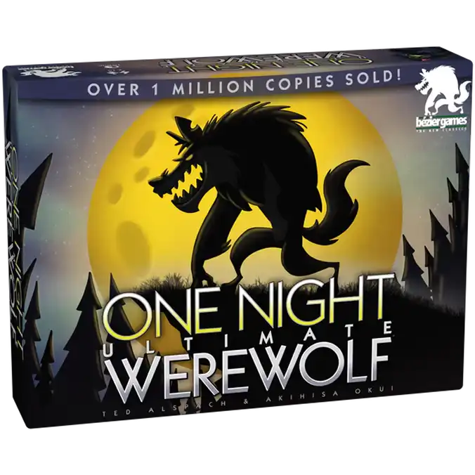 Egyéjszakás Ultimate Werewolf társadalmi deduktív játékdoboz, gyors partijátékhoz és rejtett szerepekhez tervezve.