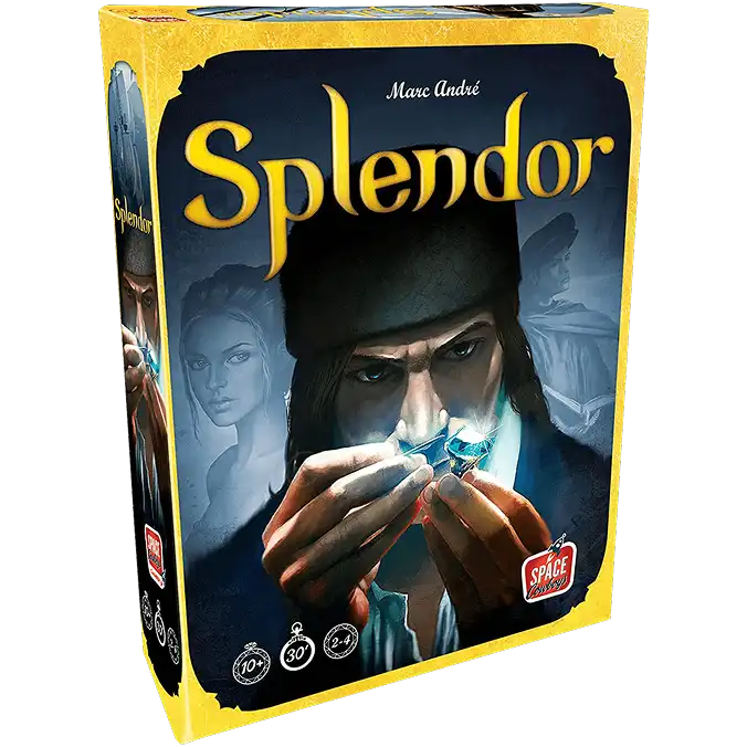 Splendor társasjáték doboz, amely drágakő-kereskedést és motorépítő stratégiai játékmenetet kínál versenyképes asztali játékokhoz.