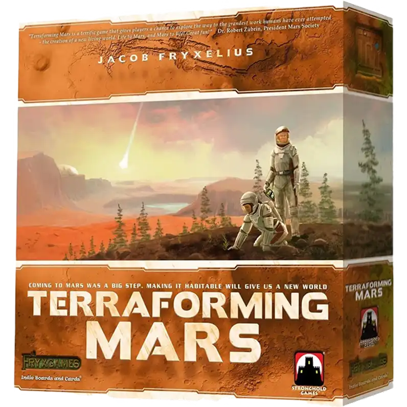 Terraformáló Mars társasjáték doboz futurisztikus Mars-kolonizációs grafikával és mélyreható stratégiai erőforrás-gazdálkodási játékmenettel.