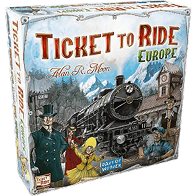 Ticket to Ride Europe társasjátékdoboz, amely vasúti kalandstratégiai játékmenetet kínál európai úti célokon.